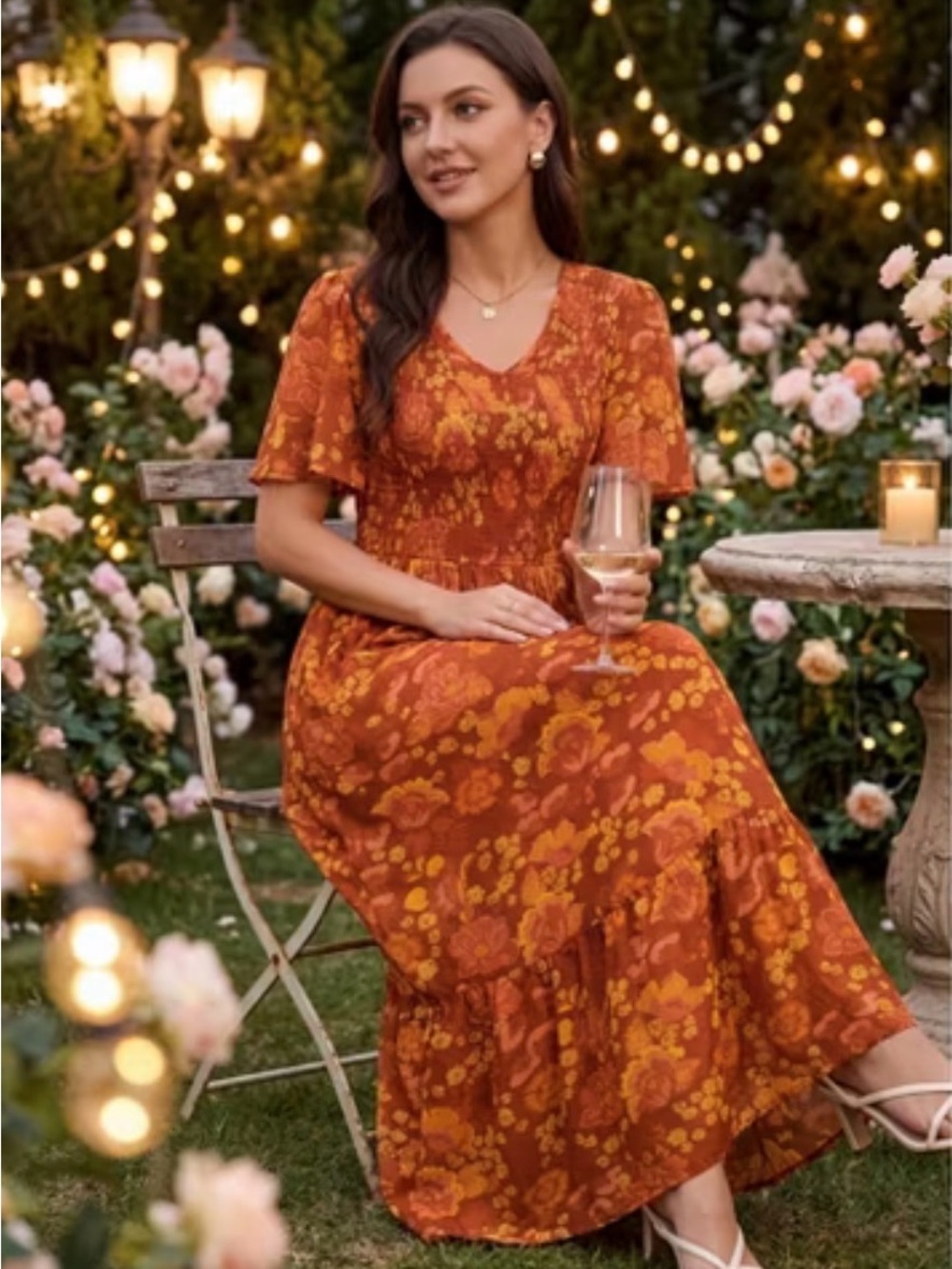 Women's Summer Dresses Floral Short Sleeve V Neck Smocked Flowy Maxi Dress